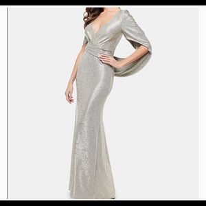 BETSY & ADAM Womens Metallic Silver Drape Back Cape Mermaid Dress Size 2